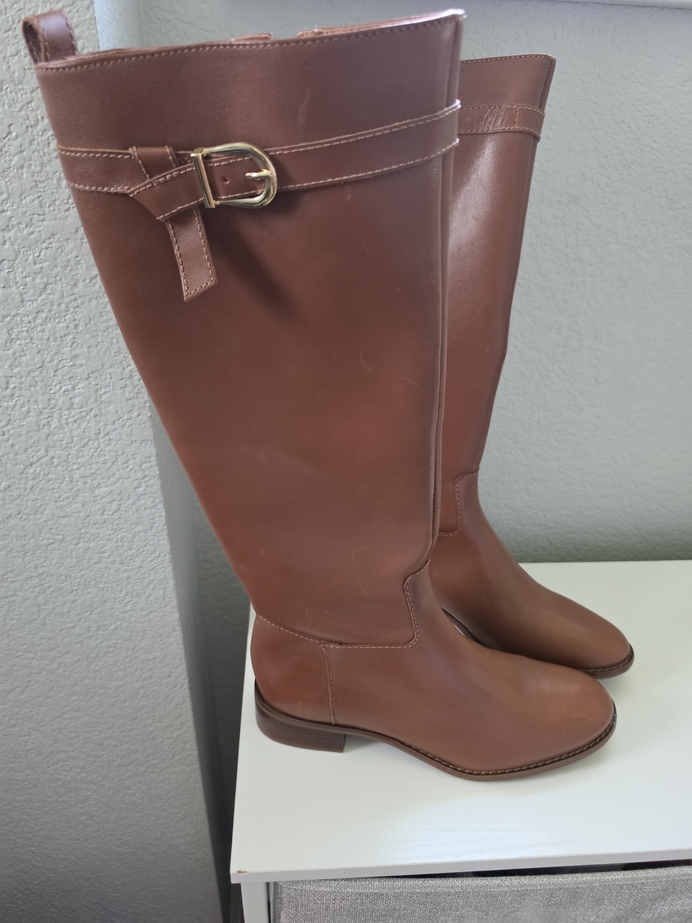 Talbots Tish Tie Cognac Leather Knee Boots with Buckle
